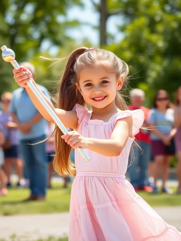 A young girl twirling a baton with a bright smile, performing in a local event, highlighting the skill and performance aspect of baton twirling.
