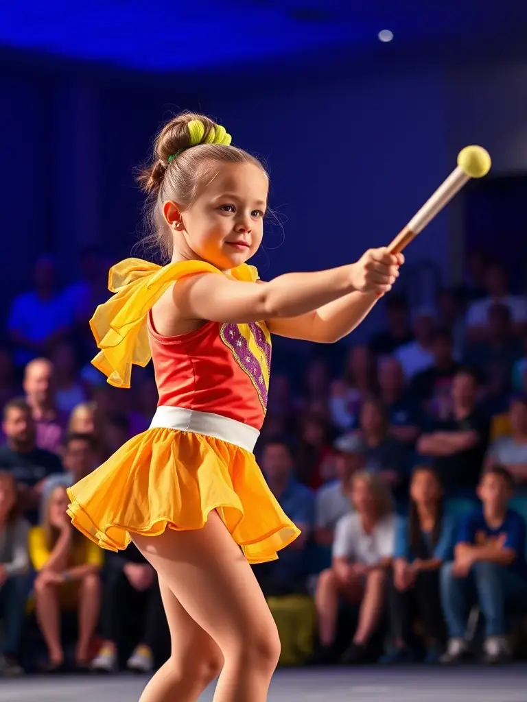 A young baton twirler confidently performing a routine at a local event, representing the performance opportunities provided by Twirling Sport Créchois.