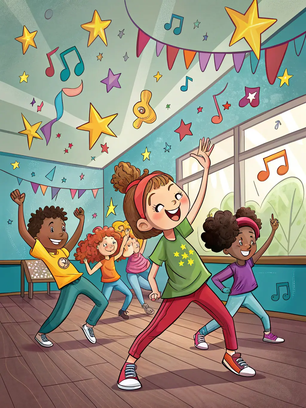 A vibrant image of young children participating in a rhythmic dance class, showcasing their coordination and smiles, set against a colorful studio backdrop.