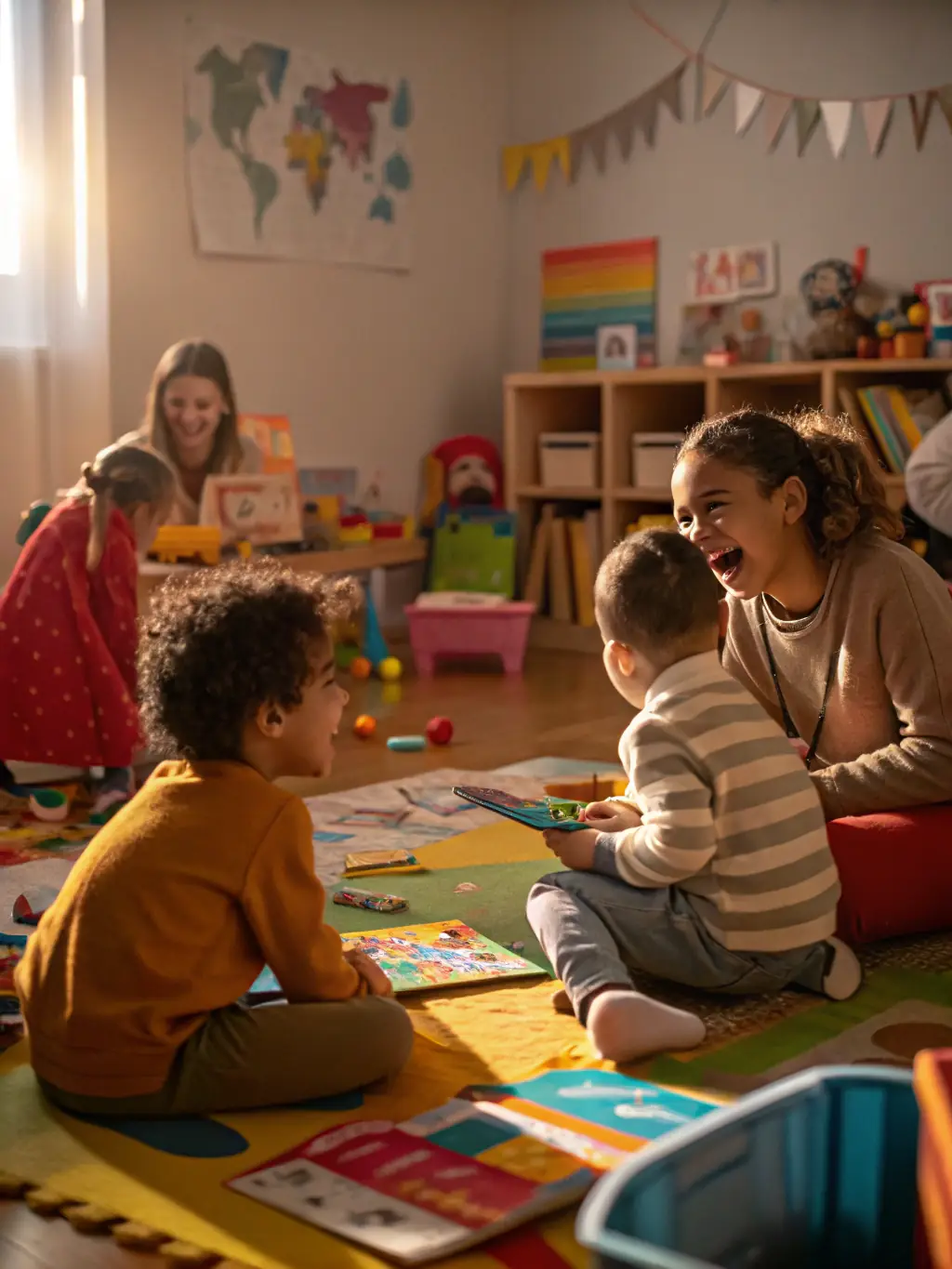 A group of children participating in an early childhood development activity, focusing on learning and social interaction.