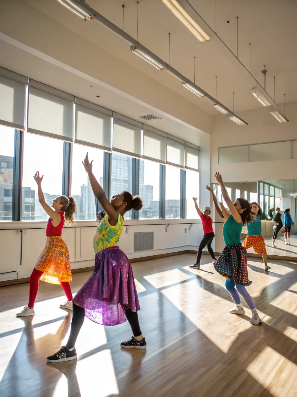 A group of children laughing and supporting each other during a rhythmic dance class at Twirling Sport Créchois, showcasing the fun and supportive environment.