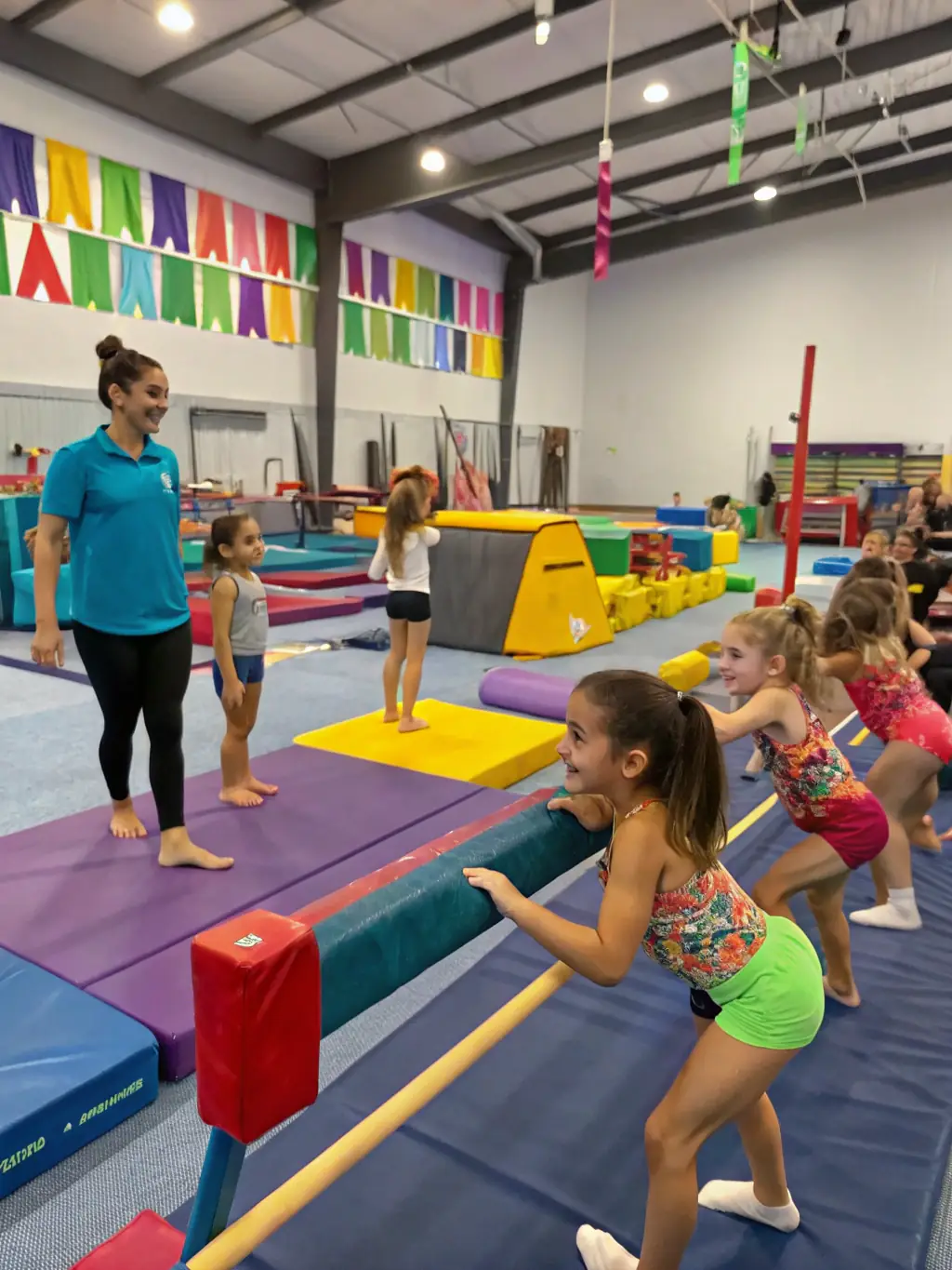An action shot of children engaged in gymnastics activities, demonstrating their strength, flexibility, and balance, with a focus on safe and supportive training.