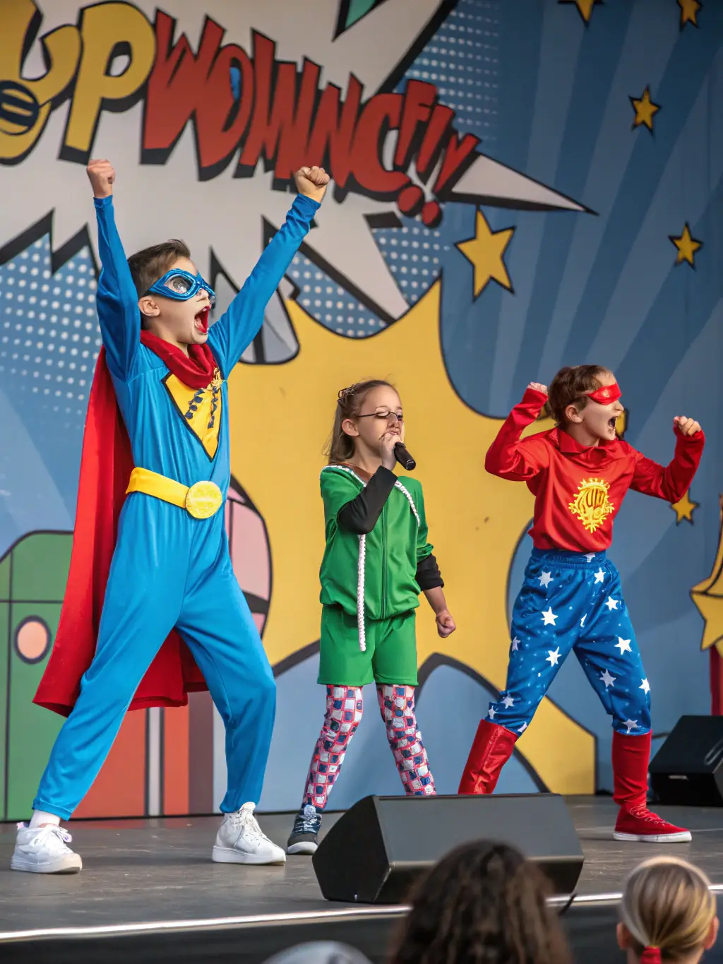 A dynamic image of children performing baton twirling routines, highlighting their coordination, timing, and performance skills, with batons in motion.